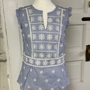 Boden Blue & White Striped Floral Embroidered Shell